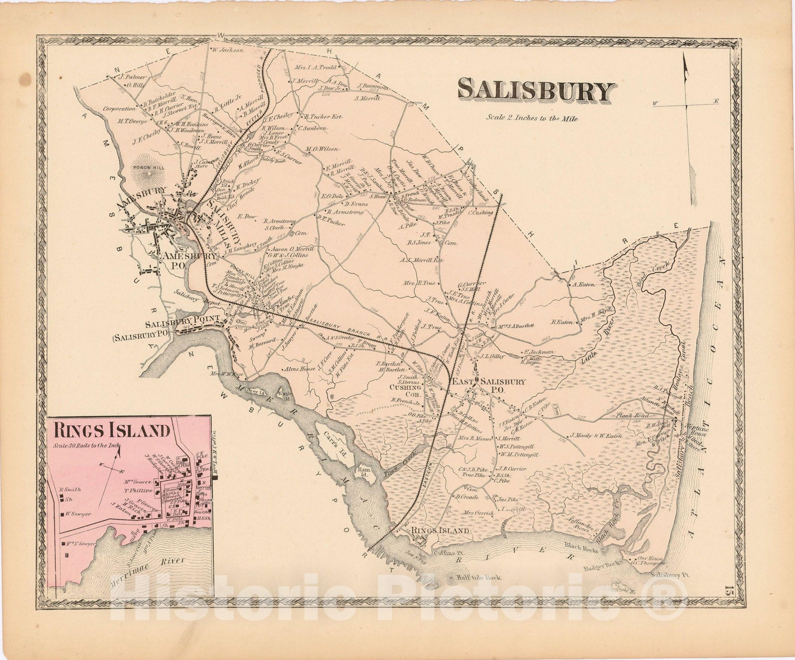 Historic Map : Atlas of Essex County Massachusetts, Salisbury 1872 , Vintage Wall Art