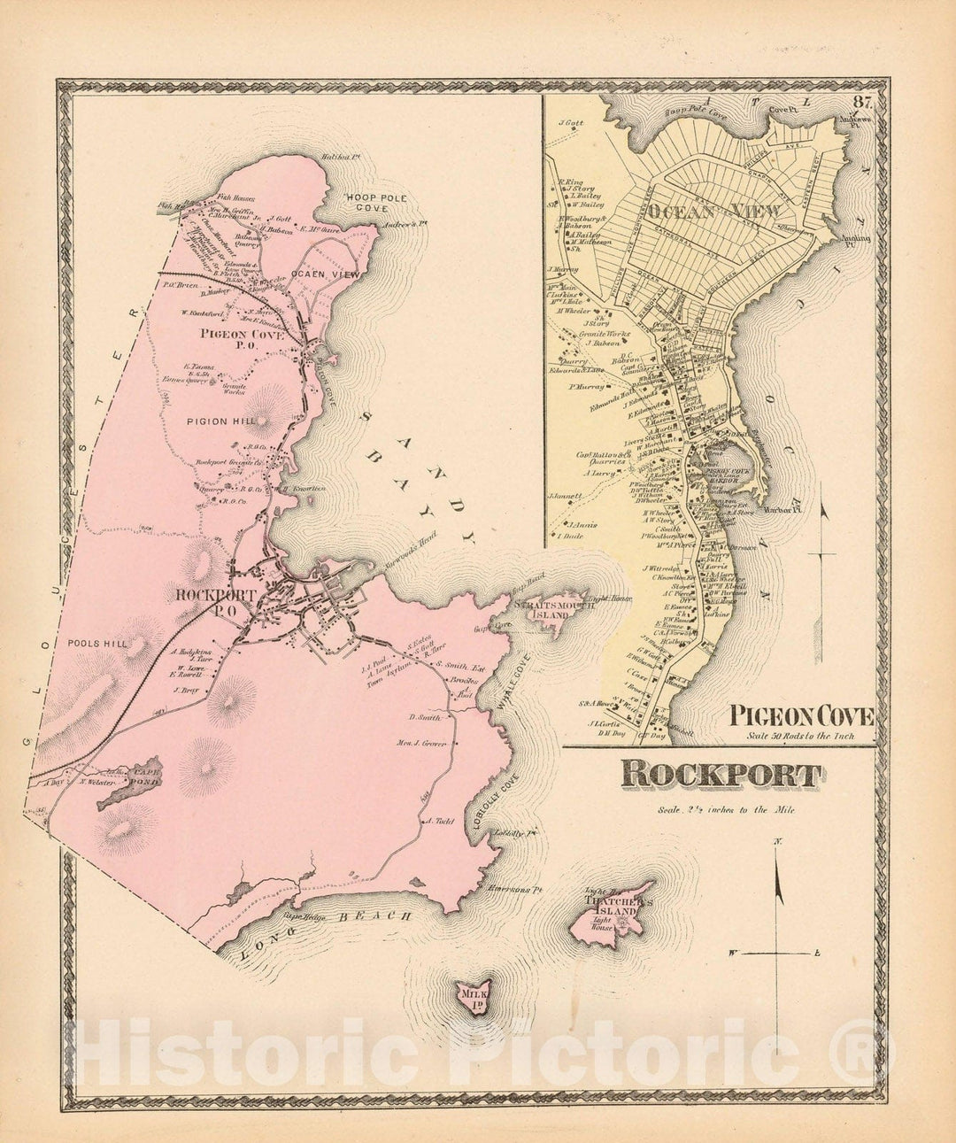 Historic Map : Atlas of Essex County Massachusetts, Rockport 1872 , v2, Vintage Wall Art