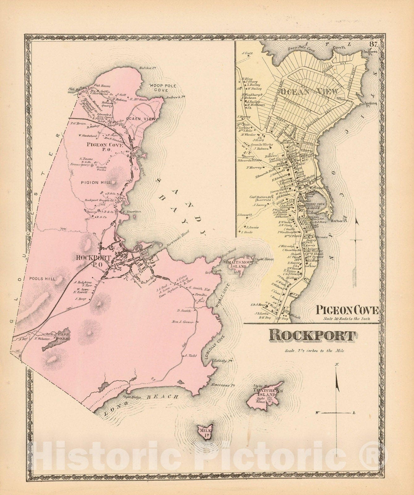 Historic Map : Atlas of Essex County Massachusetts, Rockport 1872 , v2, Vintage Wall Art