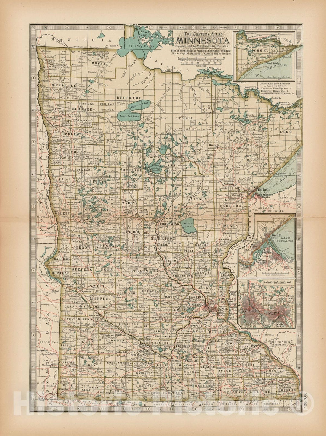 Historic Map : Minnesota 1897 , The Century Atlas World , Vintage Wall Art