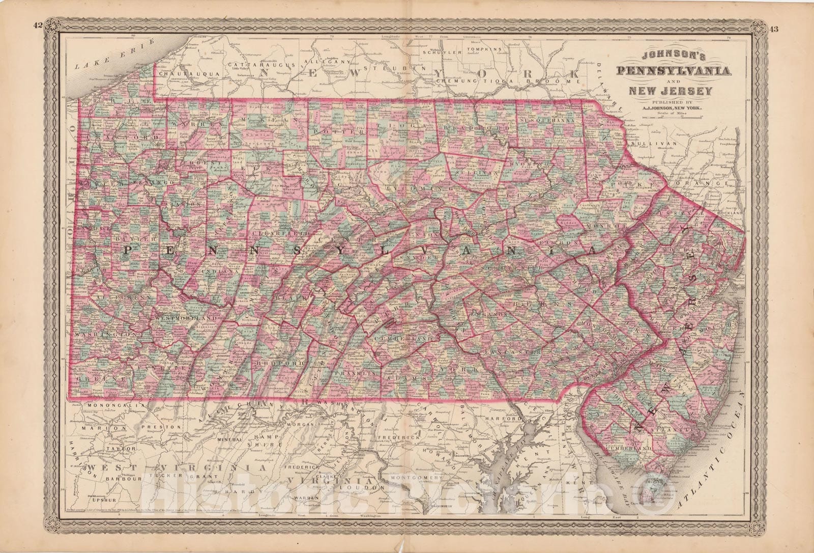 Historic Map : New Jersey & Pennsylvania 1873 , Family Atlas World , Vintage Wall Art