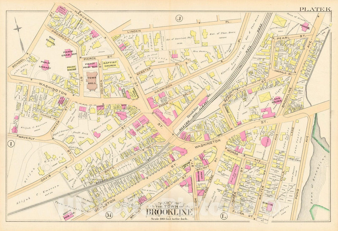 Historic Map : Atlas Town of Brookline, Brookline 1888 Plate K , Vintage Wall Art