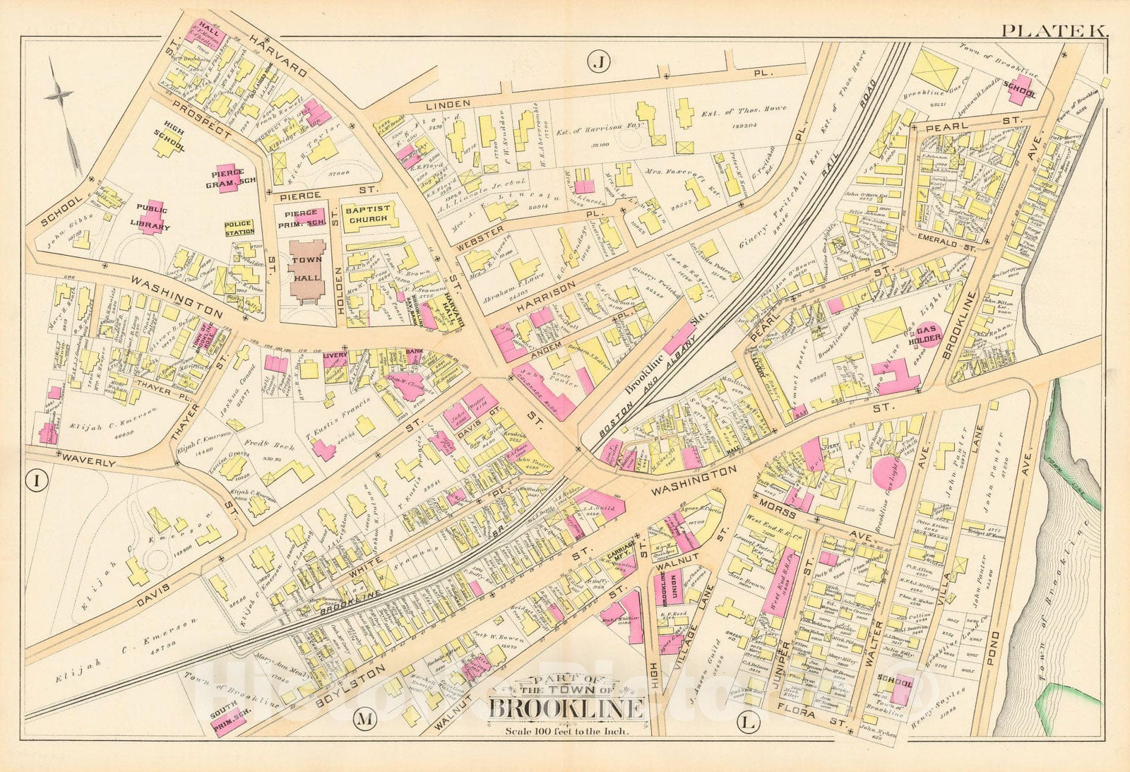 Historic Map : Atlas Town of Brookline, Brookline 1888 Plate K , Vintage Wall Art
