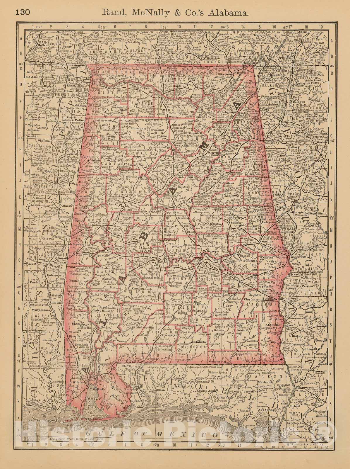 Historic Map : Alabama 1877 , Business Atlas of the USA , Vintage Wall Art