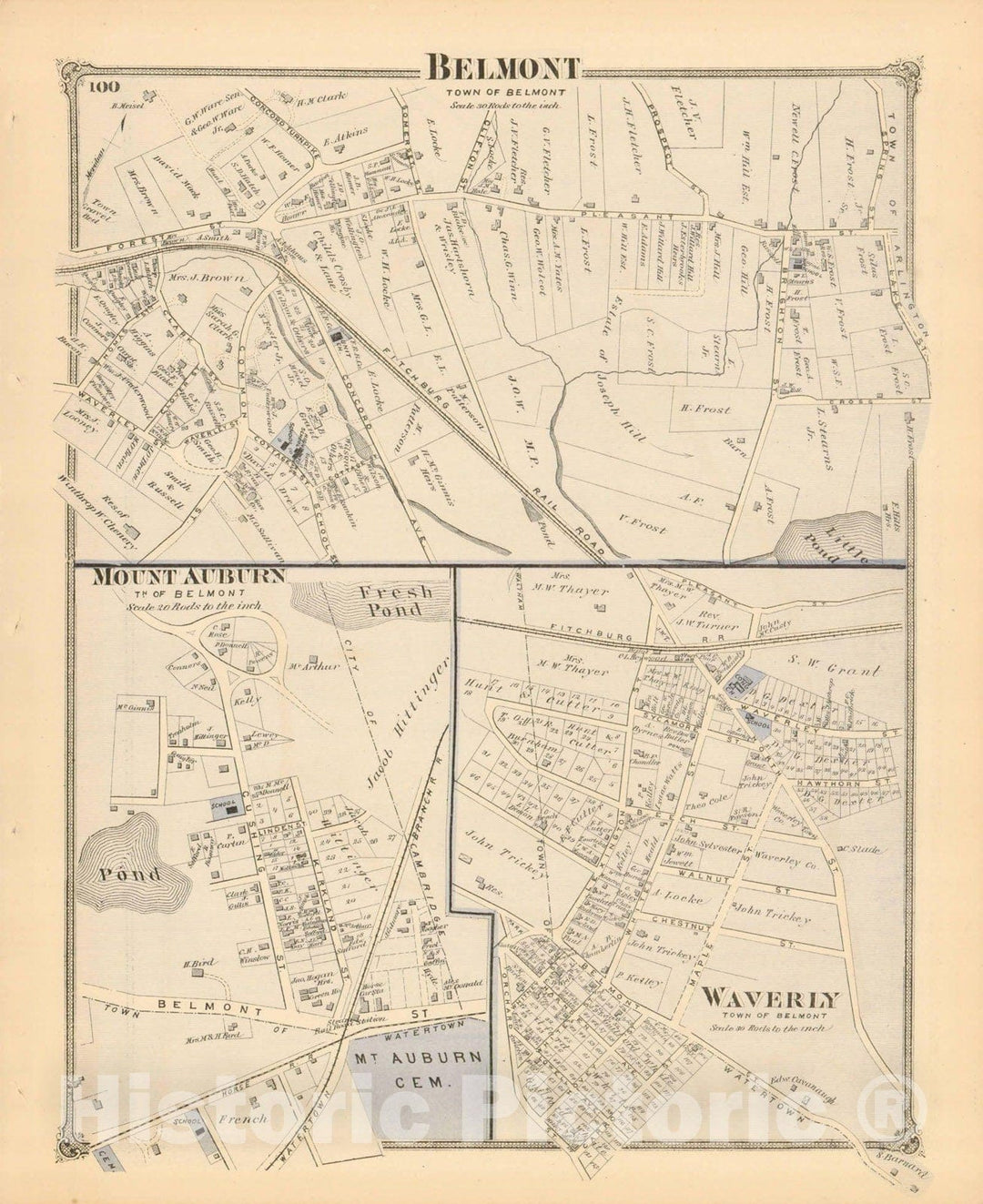 Historic Map : County Atlas of Middlesex Massachusetts, Belmont 1875 , v2, Vintage Wall Art