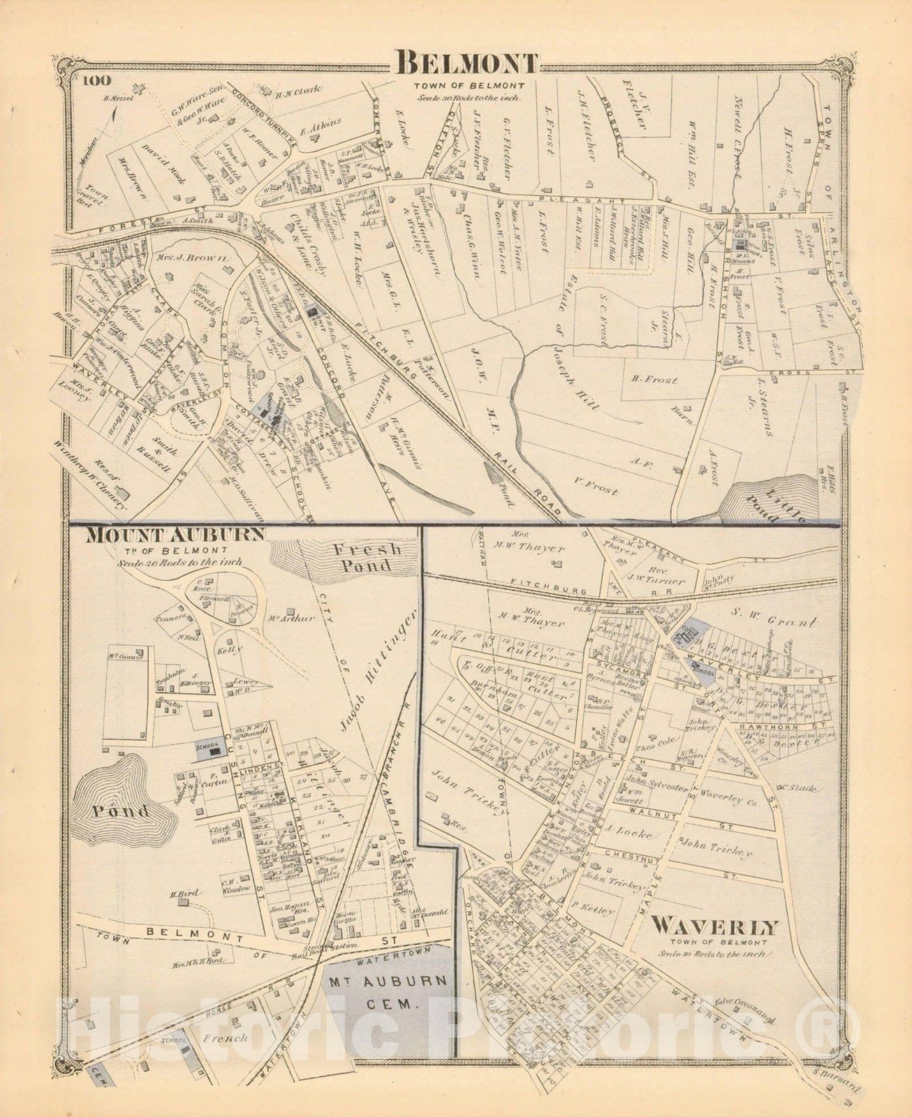 Historic Map : County Atlas of Middlesex Massachusetts, Belmont 1875 , v2, Vintage Wall Art