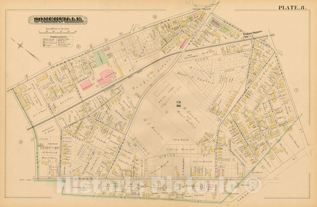 Historic Map : Atlas of Somerville Massachusetts, Somerville 1884 Plate 008 , Vintage Wall Art