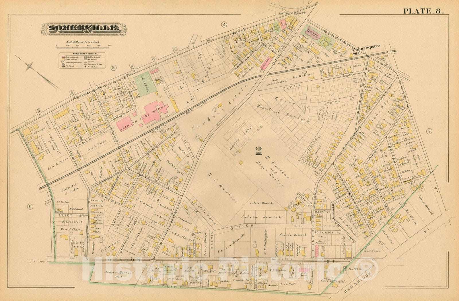 Historic Map : Atlas of Somerville Massachusetts, Somerville 1884 Plate 008 , Vintage Wall Art