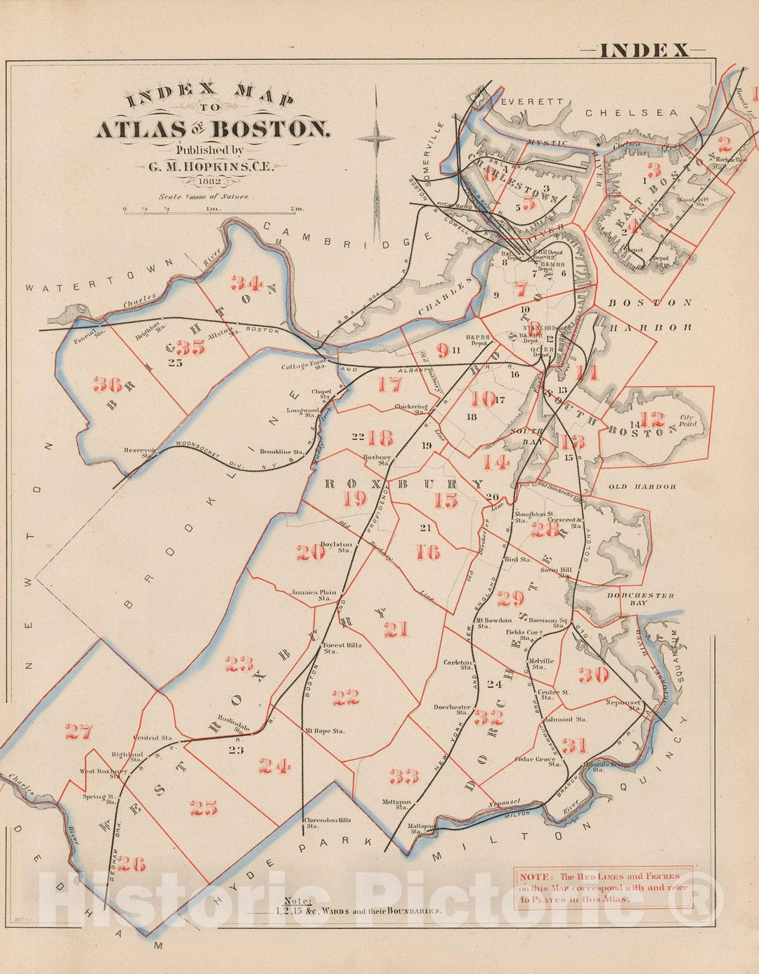 Historic Map : City Atlas of Boston, Massachusetts, Boston 1882 Index Plate , Vintage Wall Art