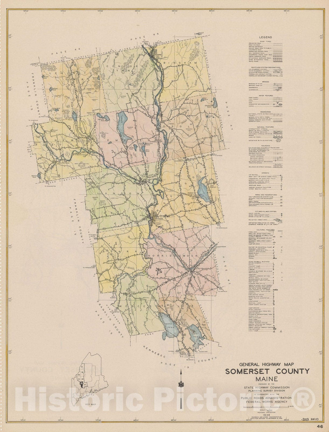 Historic Map : Maine General Highway County Maps, Somerset 1938 Plate 046 , Vintage Wall Art