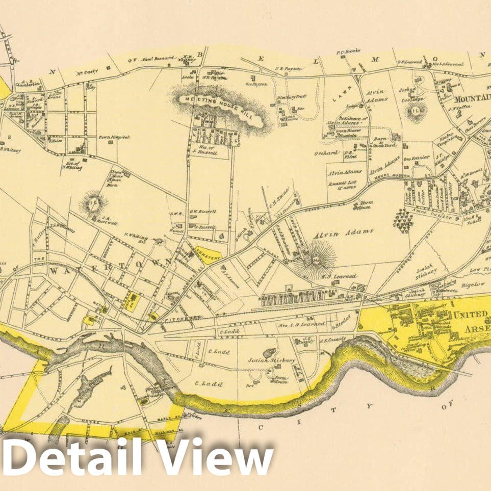 Historic Map : County Atlas of Middlesex Massachusetts, Watertown 1875 , v2, Vintage Wall Art