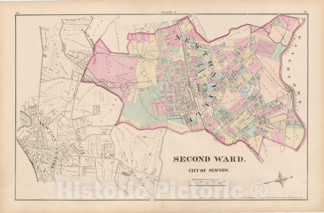 Historic Map : City of Newton, Middlesex County, Newton 1874 Plate N , Vintage Wall Art