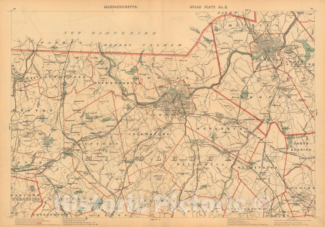 Historic Map : Atlas of Massachusetts, Andover & Chelmsford & Lawrence & Lowell & Westford & Wilmington 1891 Plate 003 , Vintage Wall Art