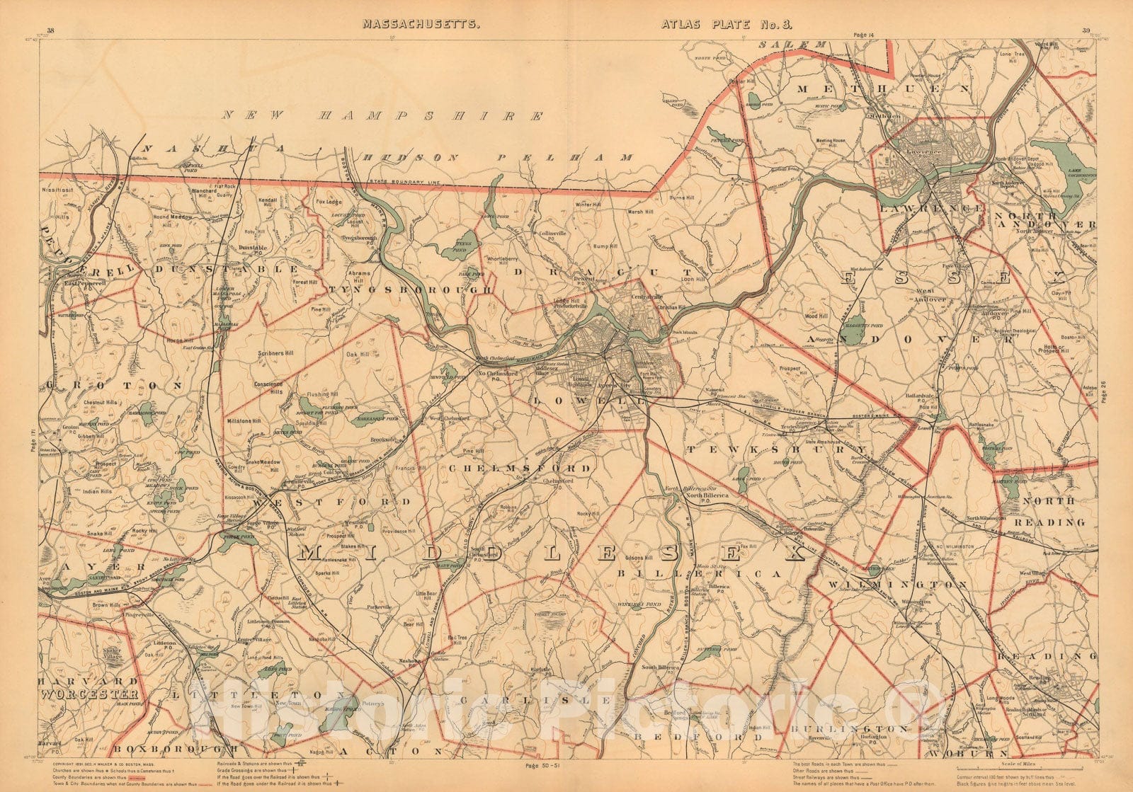 Historic Map : Atlas of Massachusetts, Andover & Chelmsford & Lawrence & Lowell & Westford & Wilmington 1891 Plate 003 , Vintage Wall Art