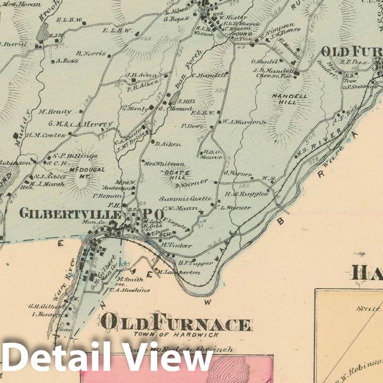 Historic Map : Atlas of Worcester County, Massachsuetts, Hardwick 1870 , Vintage Wall Art