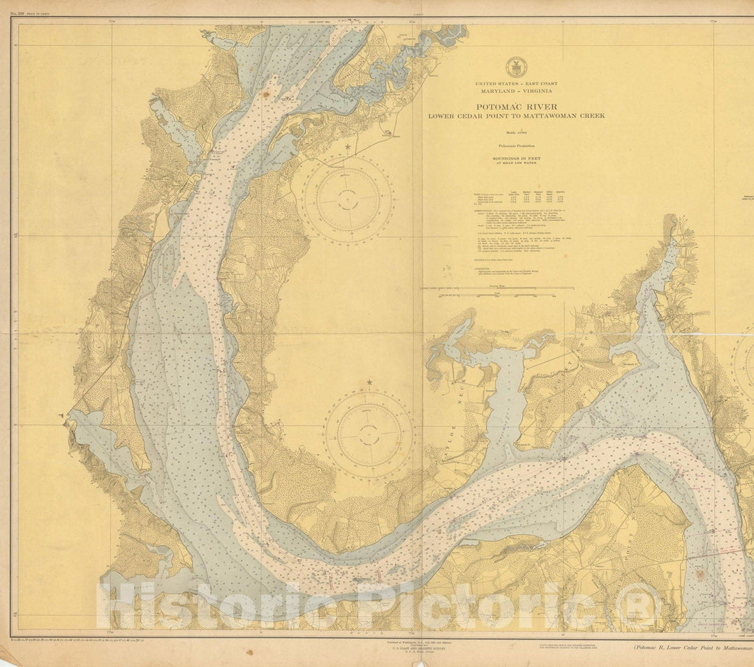 Historic Map : Coastal Charts - MAine Virginia: Potomac R from Lower Cedar Pt to Mattawoman 1950 , Vintage Wall Art