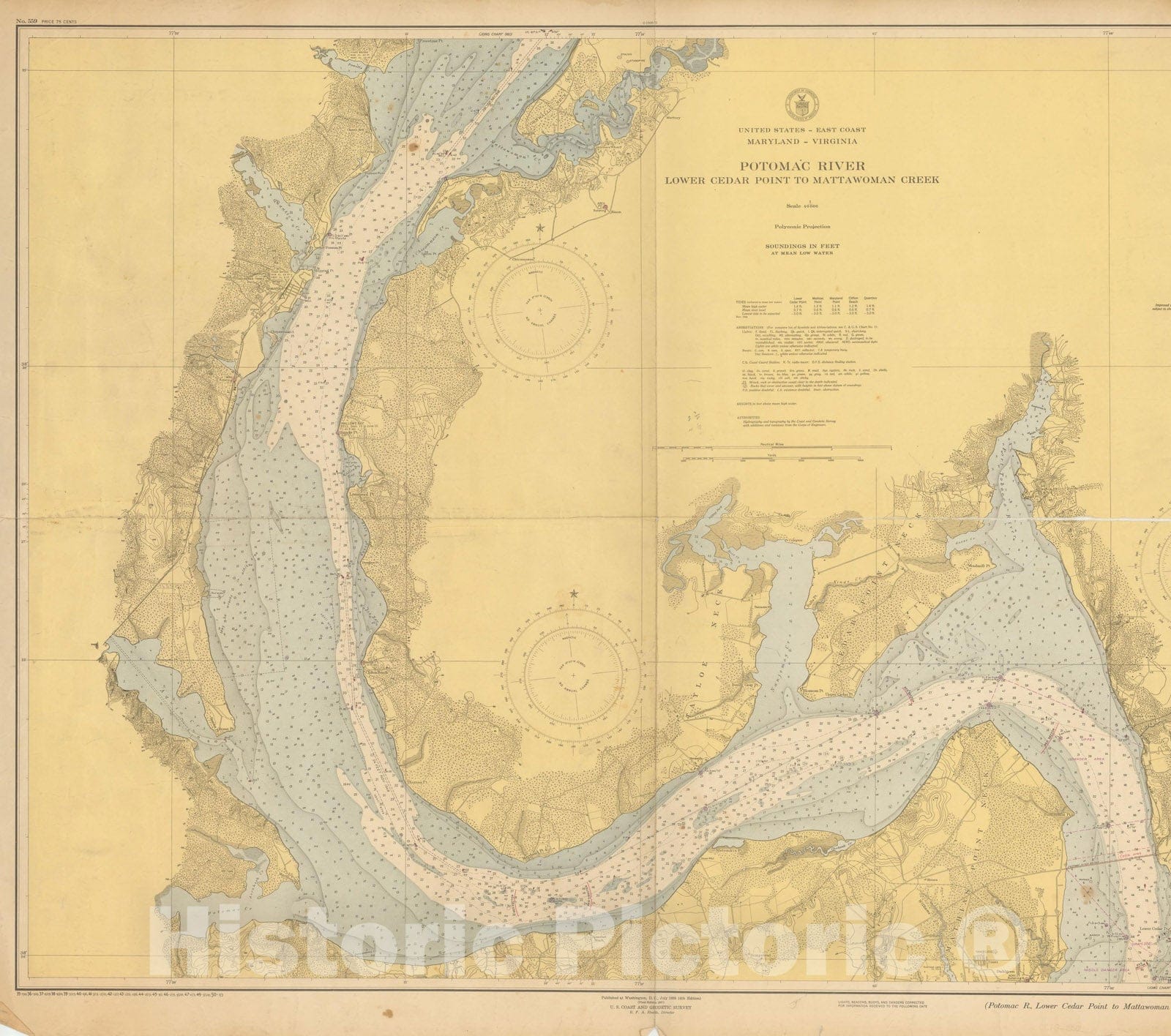 Historic Map : Coastal Charts - MAine Virginia: Potomac R from Lower Cedar Pt to Mattawoman 1950 , Vintage Wall Art