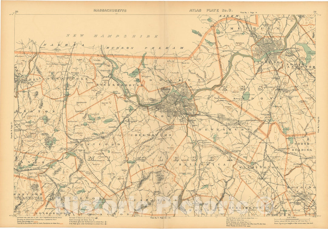 Historic Map : Atlas of Massachusetts, Andover & Chelmsford & Lawrence & Lowell & Westford & Wilmington 1904 Plate 003 , Vintage Wall Art