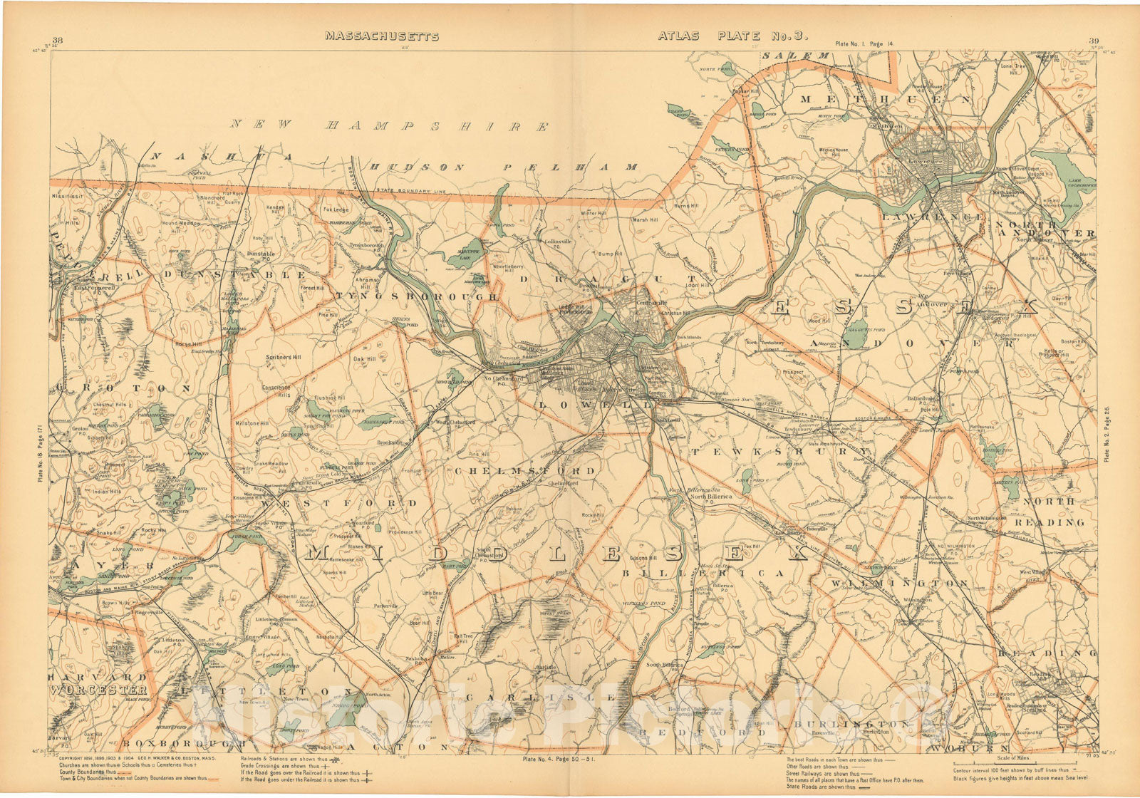 Historic Map : Atlas of Massachusetts, Andover & Chelmsford & Lawrence & Lowell & Westford & Wilmington 1904 Plate 003 , Vintage Wall Art