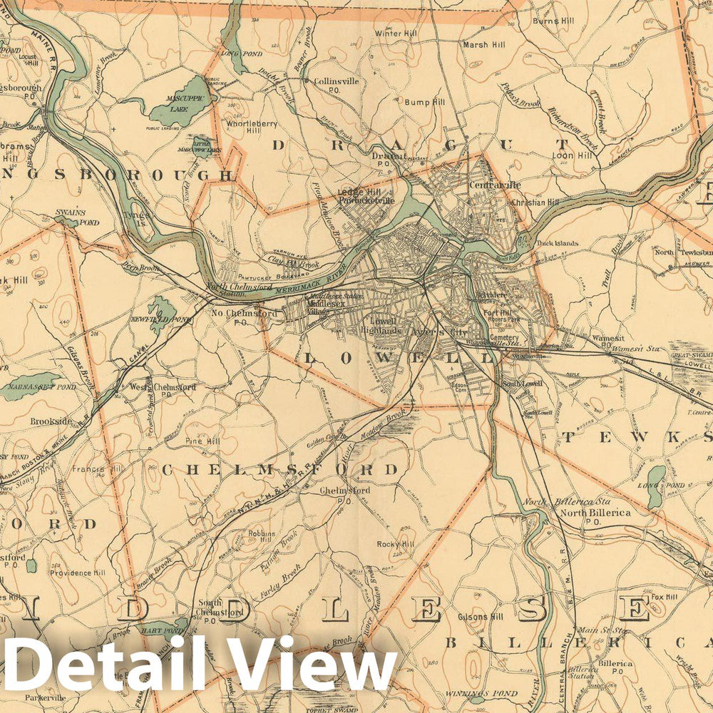 Historic Map : Atlas of Massachusetts, Andover & Chelmsford & Lawrence & Lowell & Westford & Wilmington 1904 Plate 003 , Vintage Wall Art