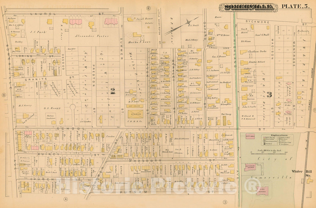 Historic Map : Atlas of Somerville Massachusetts, Somerville 1884 Plate 005 , Vintage Wall Art