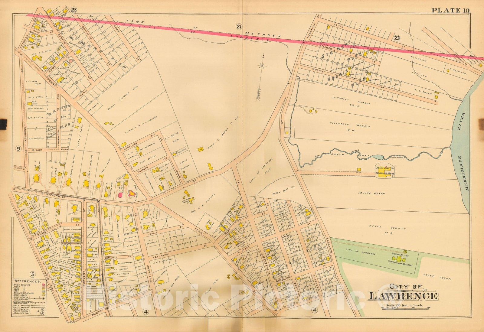 Historic Map : Atlas City of Lawrence and the Towns of Methuen, Andover and North Andover 1906 Plate 010 , Vintage Wall Art