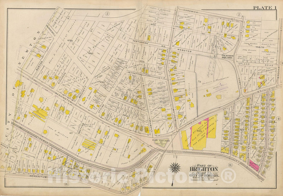 Historic Map : Atlas City of Boston Ward 25 Brighton, Brighton 1909 Plate 001 , Vintage Wall Art