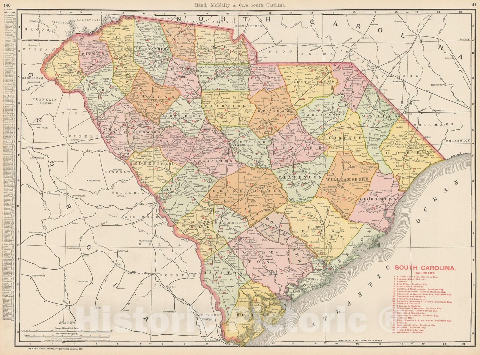 Historic Map : South Carolina 1903 , Rand McNally Business Atlas , Vintage Wall Art