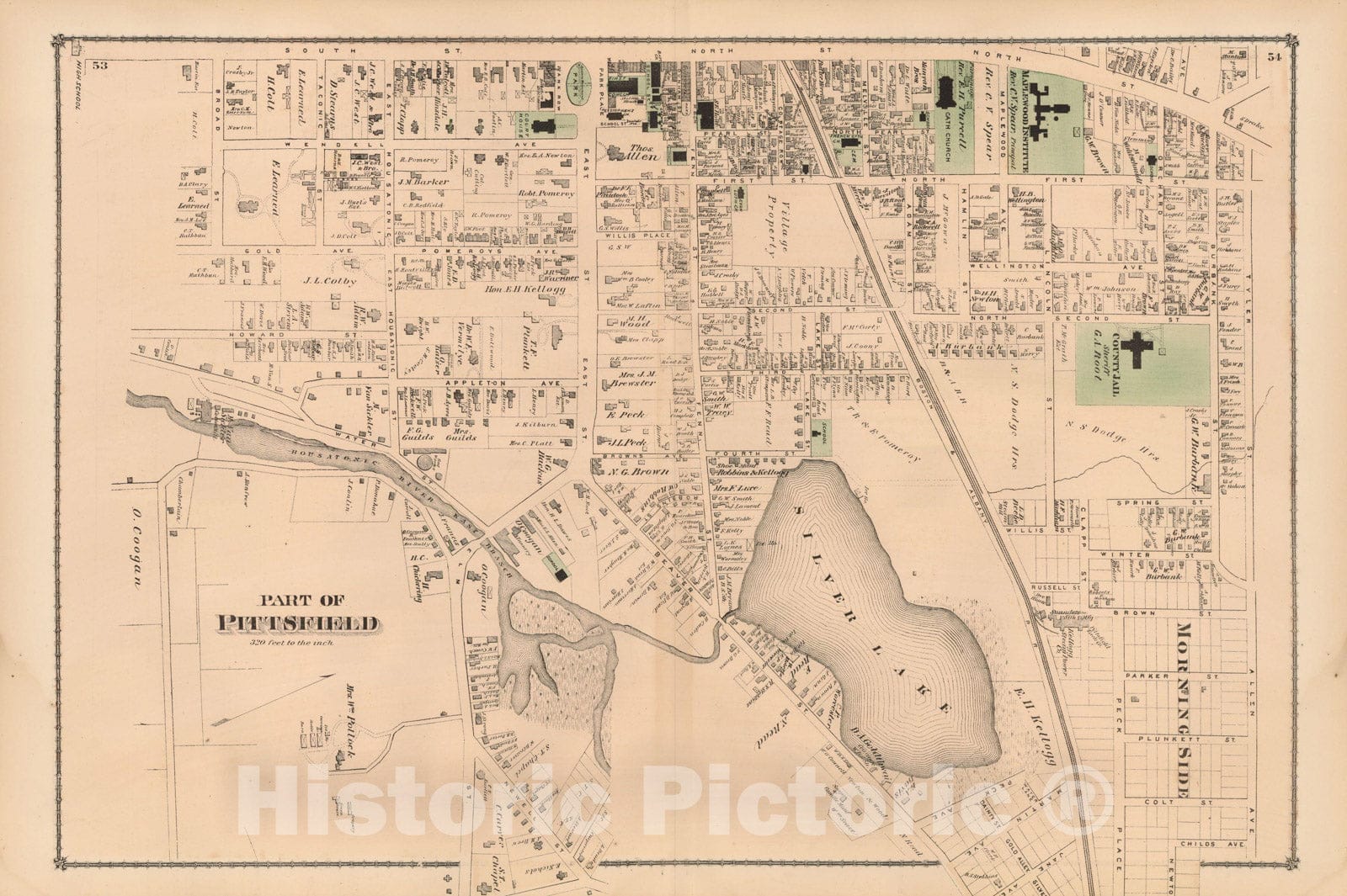 Historic Map : County Atlas of Berkshire County, Pittsfield 1876 , v7, Vintage Wall Art