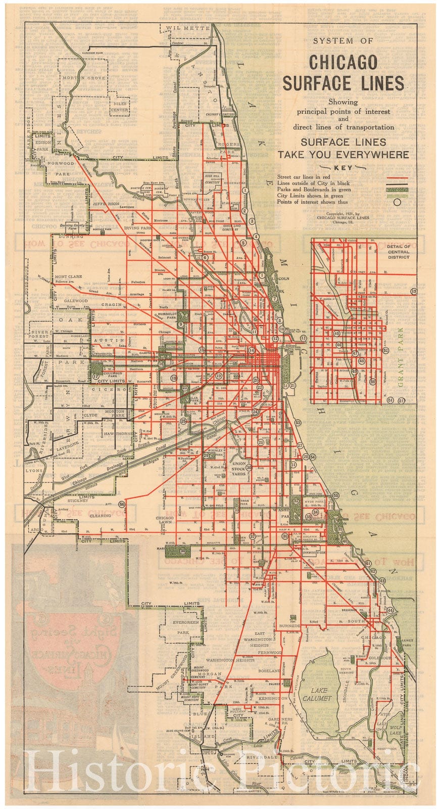Historic Map : Chicago Transit Maps, Surface Lines 1921 Railroad Catography , Vintage Wall Art