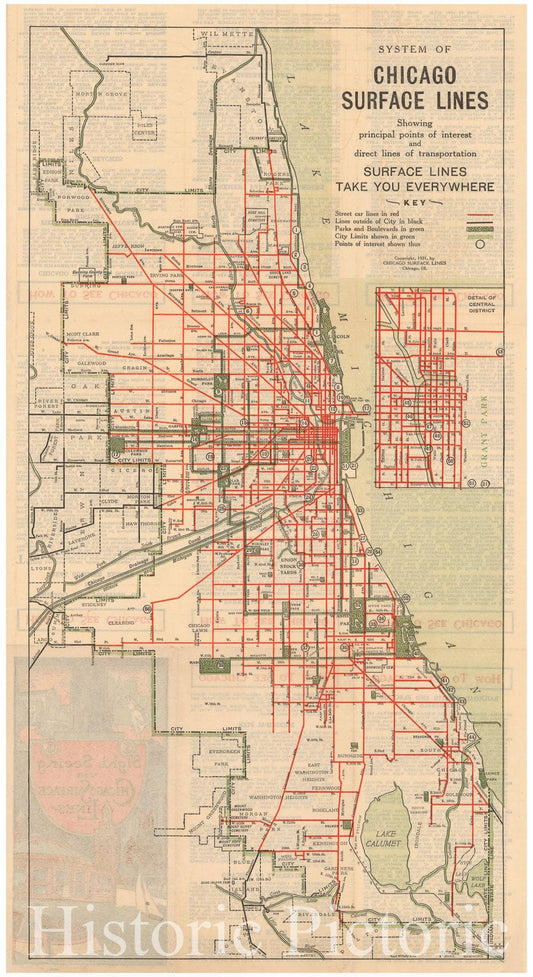 Historic Map : Chicago Transit Maps, Surface Lines 1921 Railroad Catography , Vintage Wall Art