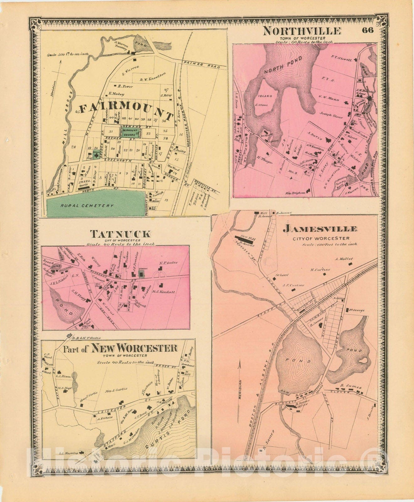 Historic Map : Atlas of Worcester County, Massachsuetts, Worcester 1870 , v2, Vintage Wall Art