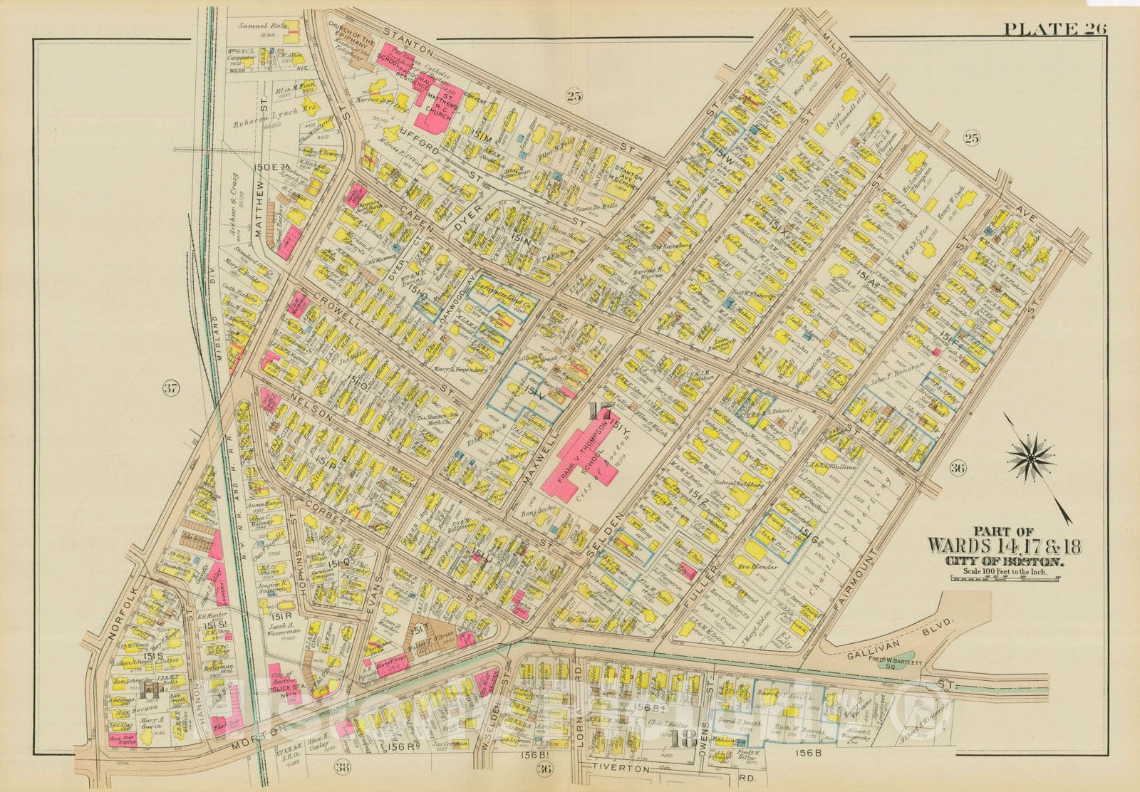Historic Map : Atlas City of Boston, Dorchester, Dorchester 1933 Plate 026 , Vintage Wall Art
