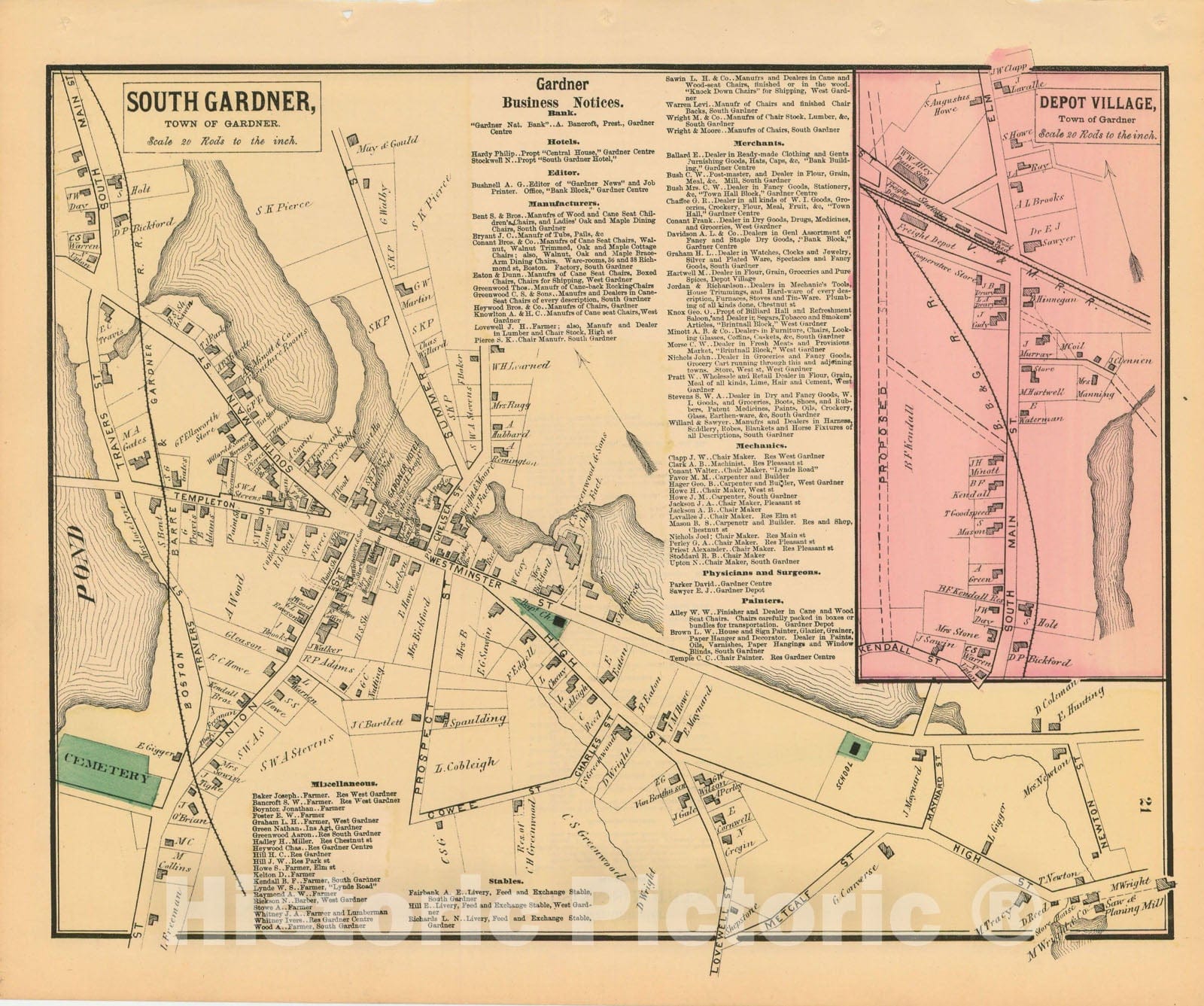 Historic Map : Atlas of Worcester County, Massachsuetts, South Gardner 1870 , Vintage Wall Art