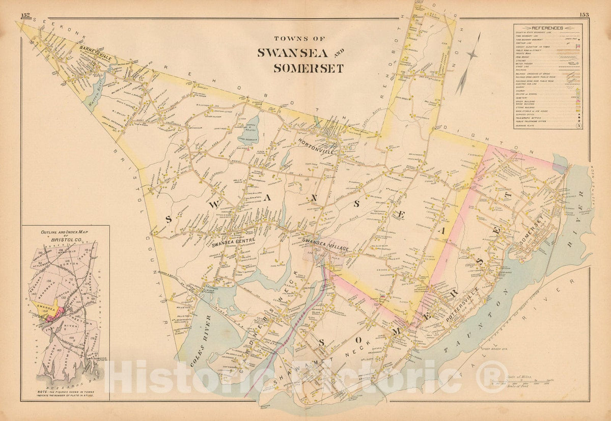 Historic Map : New Topographical Atlas of Surveys Bristol County Massachusetts, Somerset & Swansea 1895 , Vintage Wall Art