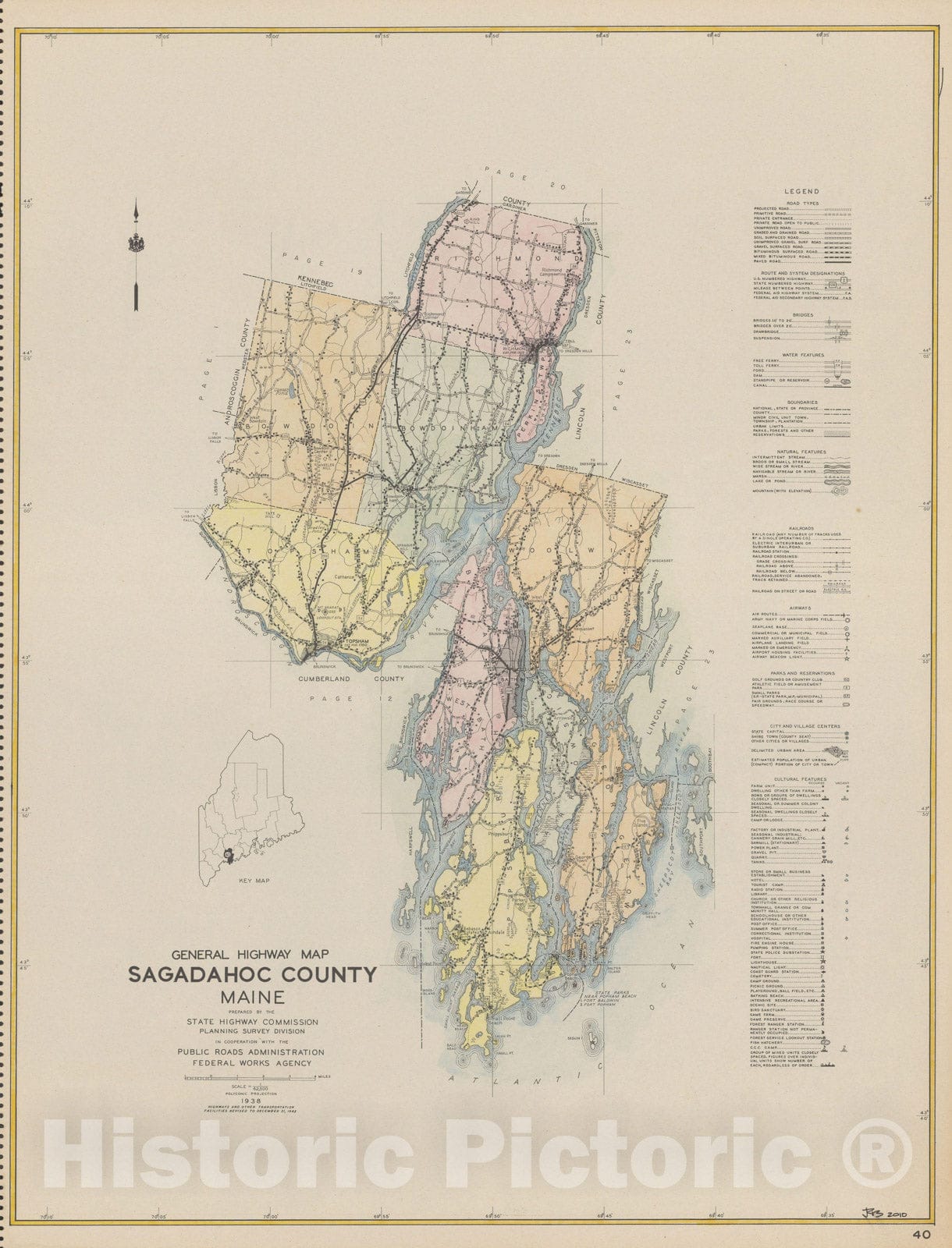 Historic Map : Maine General Highway County Maps, Sagadahoc 1938 Plate 040 , Vintage Wall Art