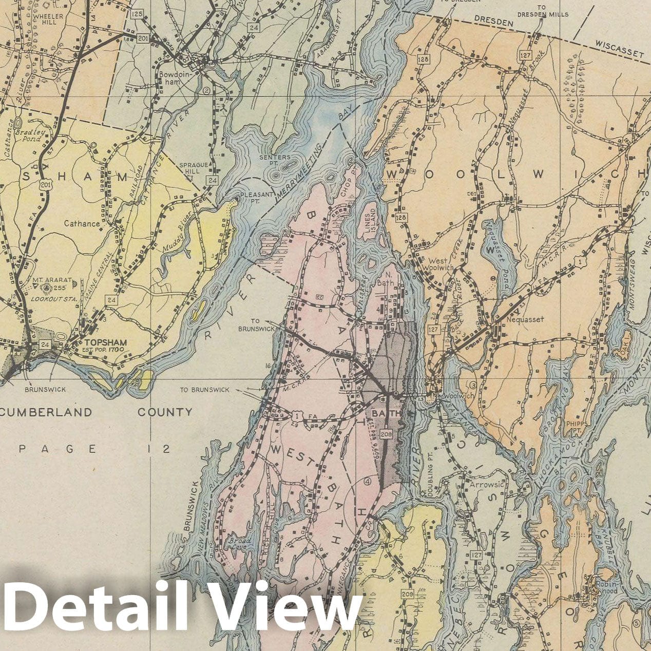 Historic Map : Maine General Highway County Maps, Sagadahoc 1938 Plate 040 , Vintage Wall Art