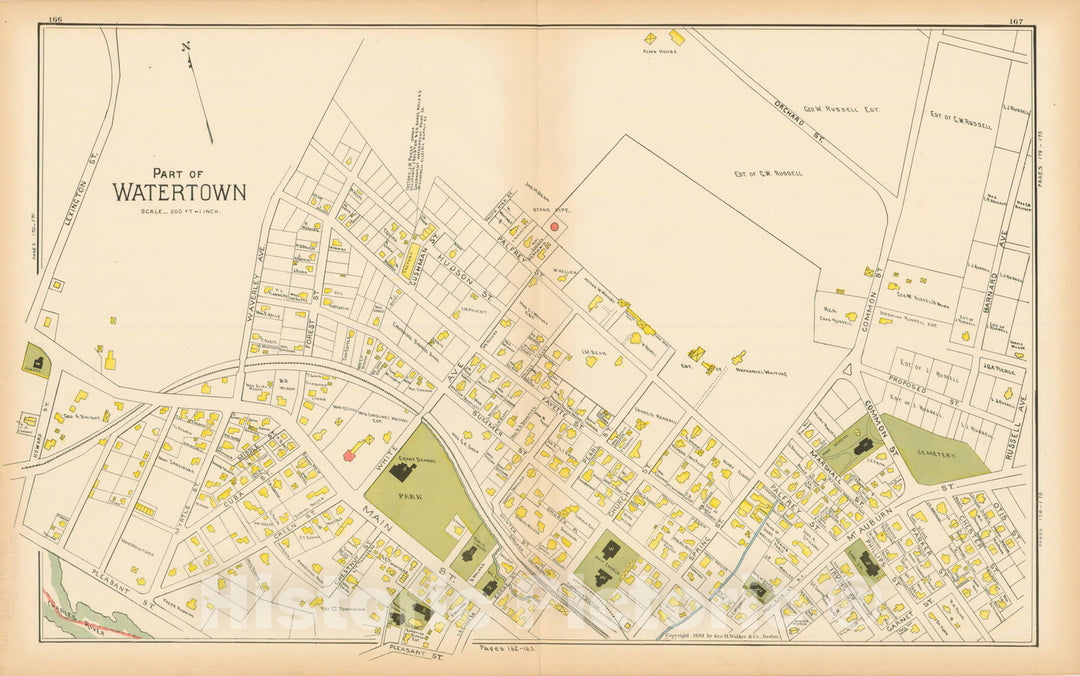 Historic Map : Atlas of Middlesex County, Massachusetts, Watertown 1889 Pages 166-167 , Vintage Wall Art