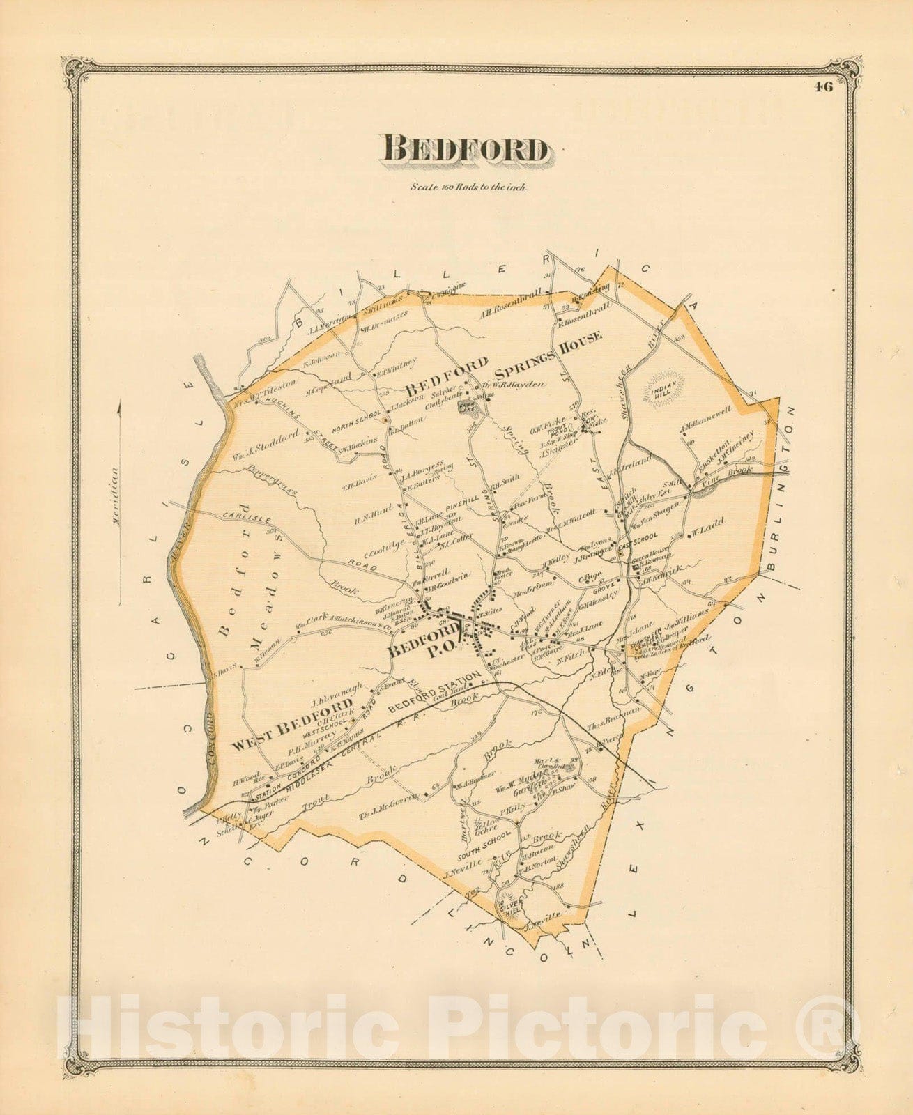 Historic Map : County Atlas of Middlesex Massachusetts, Bedford 1875 , Vintage Wall Art