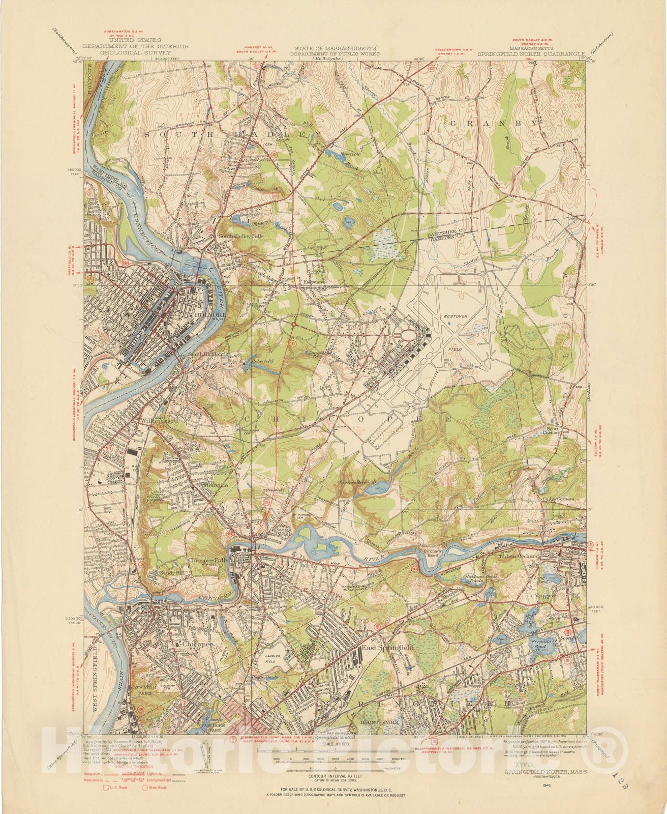 Historic Map : USGS 7.5 Minute Sheets and Quadrangles, Chicopee & Holyoke & Springfield 1946 Topographic Map , Vintage Wall Art