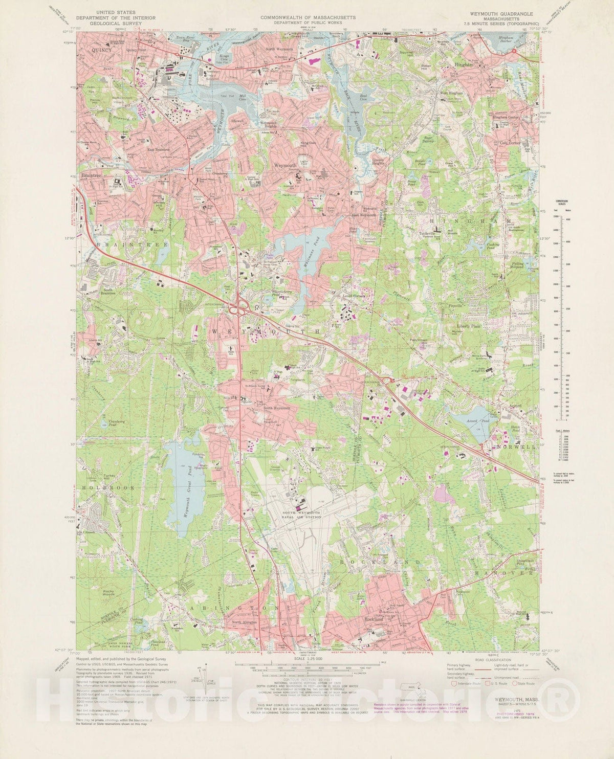 Historic Map : USGS 7.5 Minute Sheets and Quadrangles, Braintree & Quincy & Weymouth 1979 Topographic Map , Vintage Wall Art