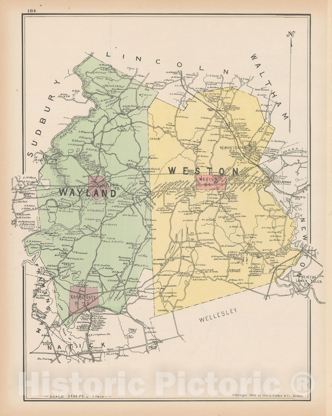 Historic Map : Atlas of Middlesex County, Massachusetts, Wayland & Weston 1889 , v2, Vintage Wall Art