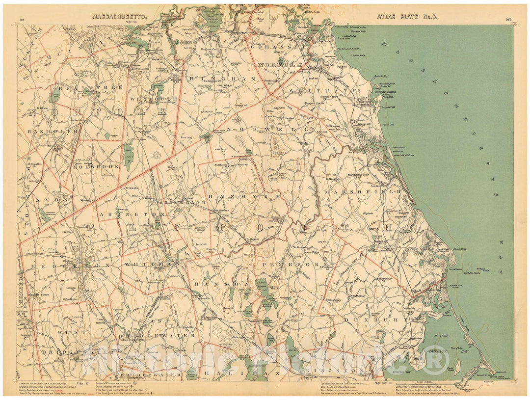 Historic Map : Atlas of Mass, Brockton & Duxbury & Hanover & Hingham & Marshfield & Norwell & Pembroke & Scituate 1891 Plate 006 , Vintage Wall Art