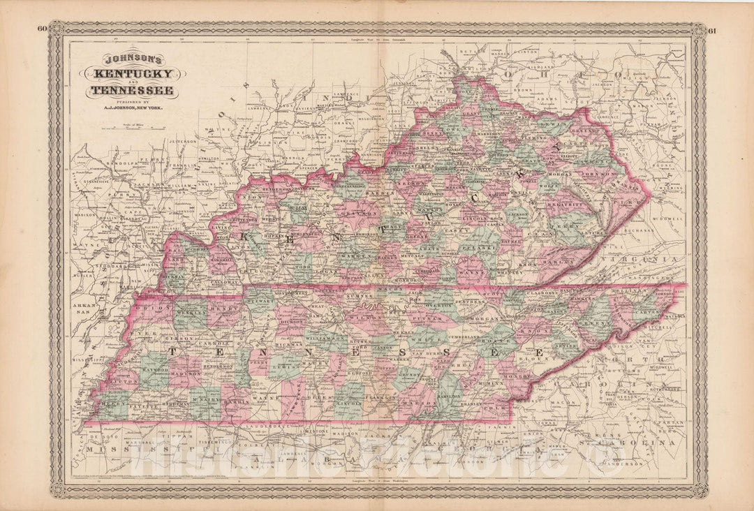 Historic Map : Kentucky & Tennessee 1873 , Family Atlas World , Vintage Wall Art