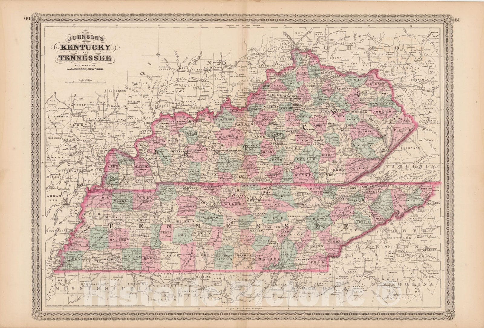 Historic Map : Kentucky & Tennessee 1873 , Family Atlas World , Vintage Wall Art