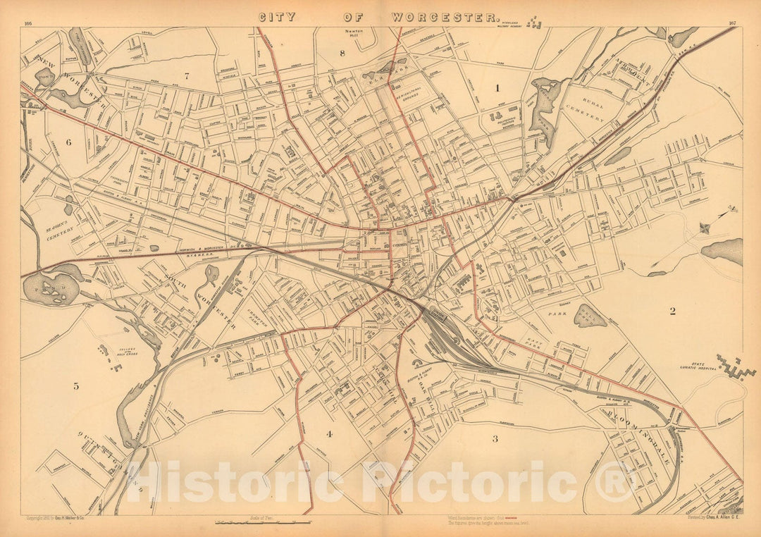 Historic Map : Atlas of Massachusetts, Worcester 1891 , Vintage Wall Art