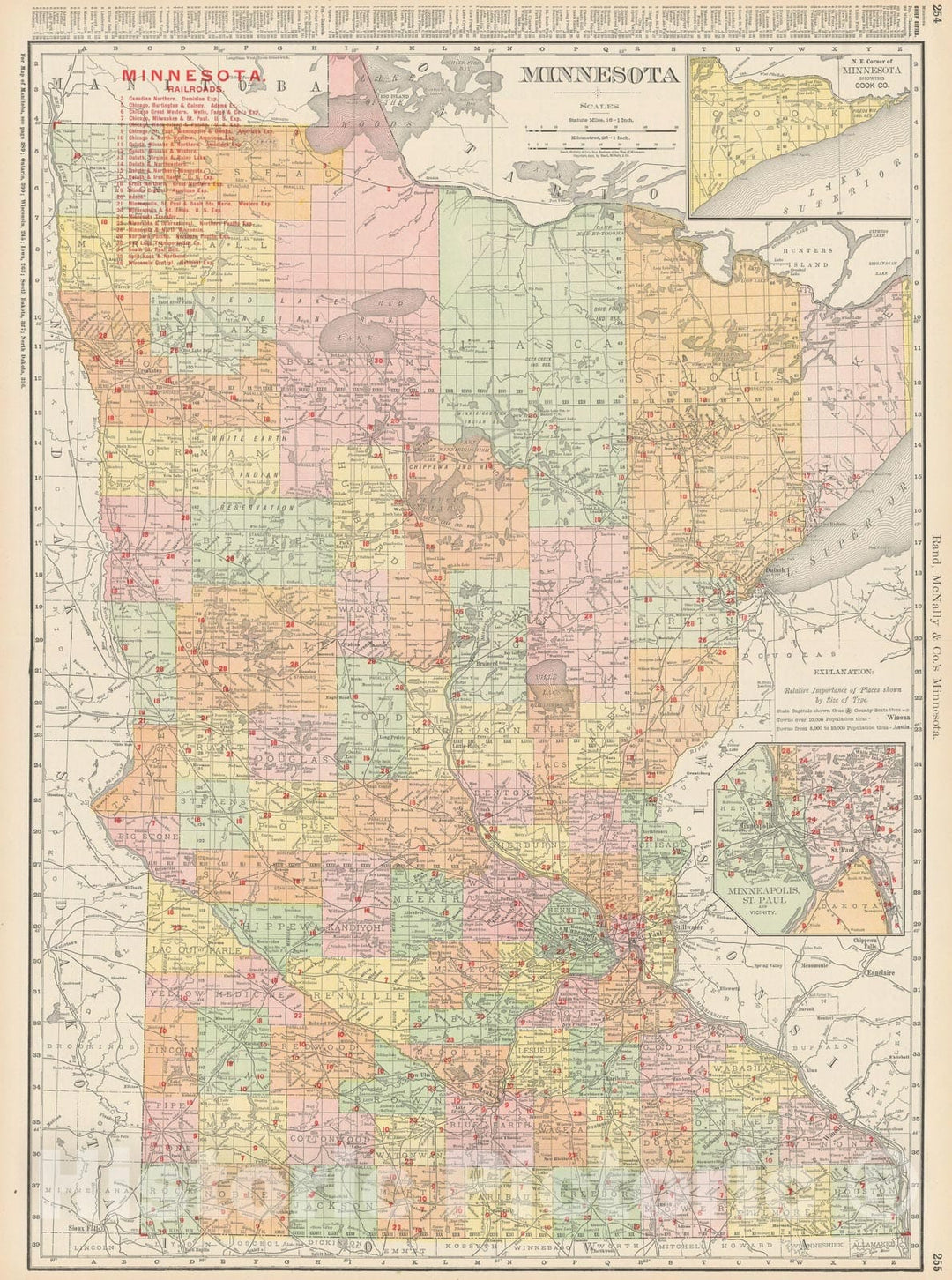 Historic Map : Minnesota 1903 , Rand McNally Business Atlas , Vintage Wall Art