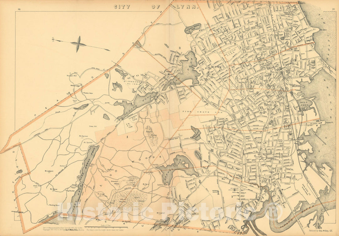 Historic Map : Atlas of Massachusetts, Lynn 1904 , Vintage Wall Art