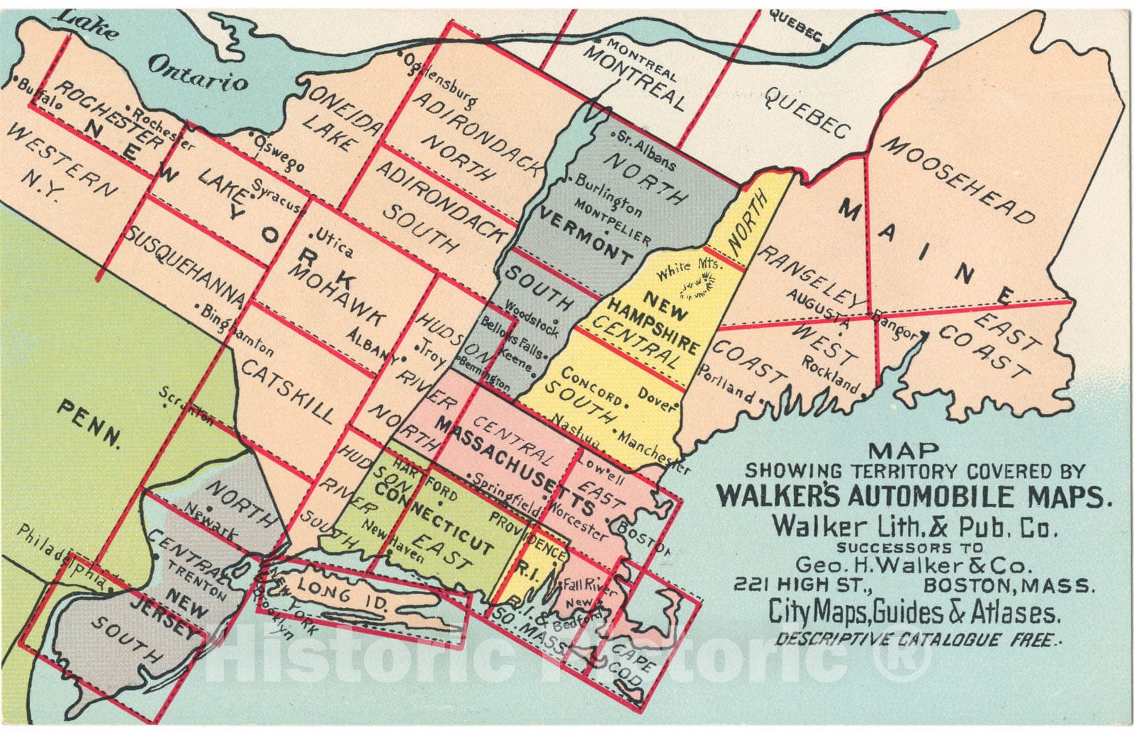 Historic Map : Territory Covered by Walker's Automobile Map 1910 , Vintage Wall Art