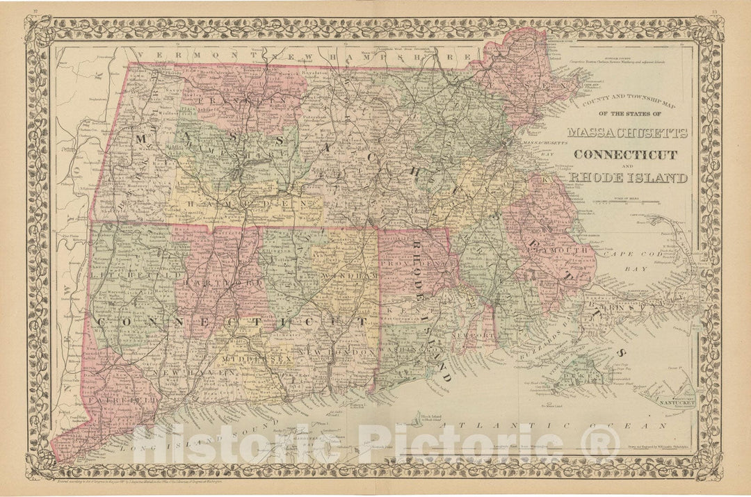 Historic Map : Connecticut & Massachusetts & Rhode Island 1882 , Mitchell's New General Atlas , Vintage Wall Art